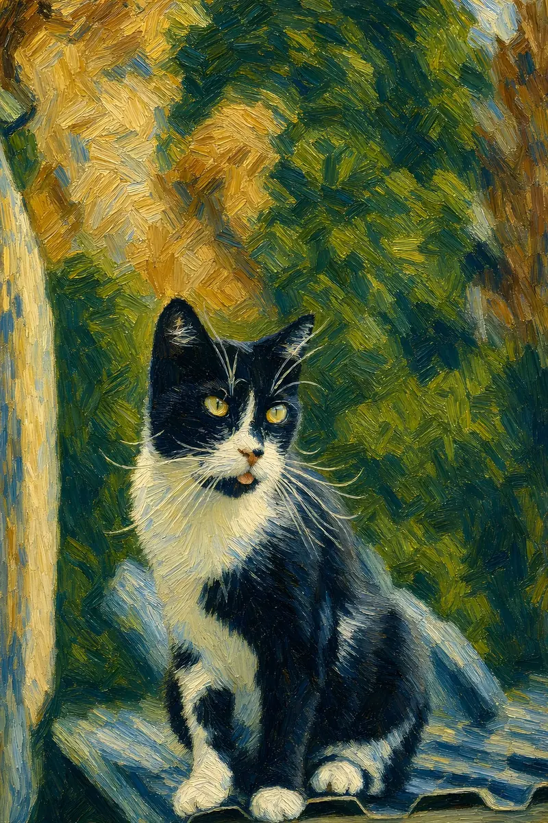 Black-and-white cat reimagined using expressive Post-Impressionist brushwork
