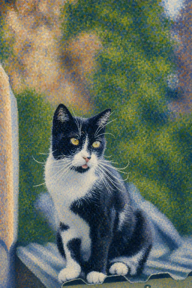 Pointillist transformation of a black-and-white cat with a stippled colour texture