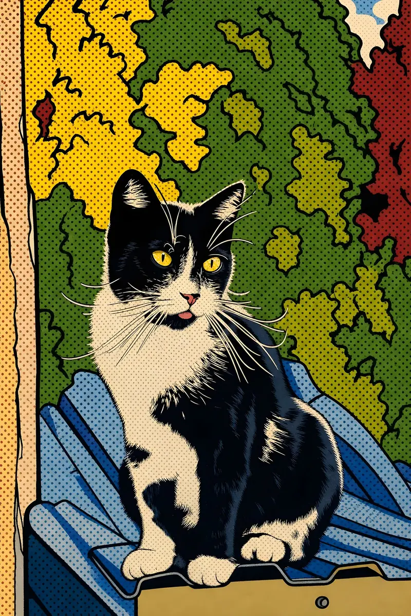 Black-and-white cat translated into bold outlined Pop Art against colourful shapes