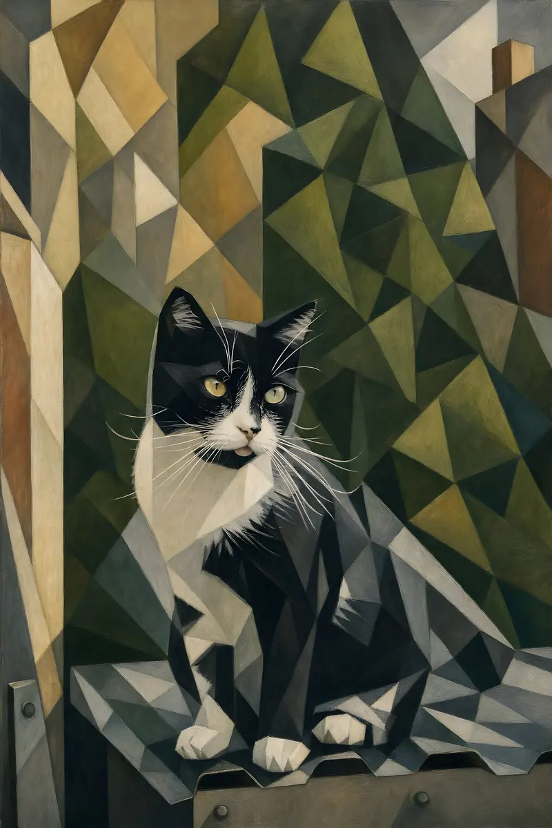 Black-and-white cat surrounded by stylised Art Deco geometric shapes