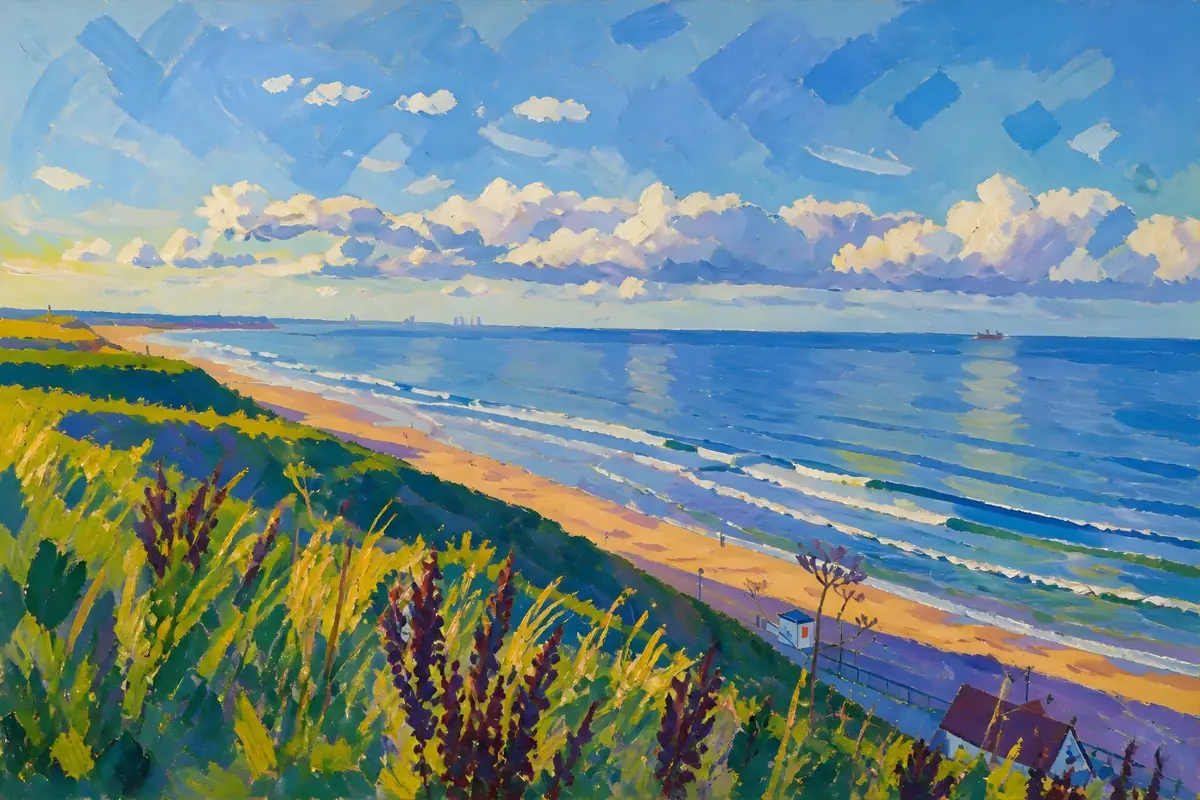 Coastal landscape reimagined in Fauvist colours with vivid grass, sea and sky