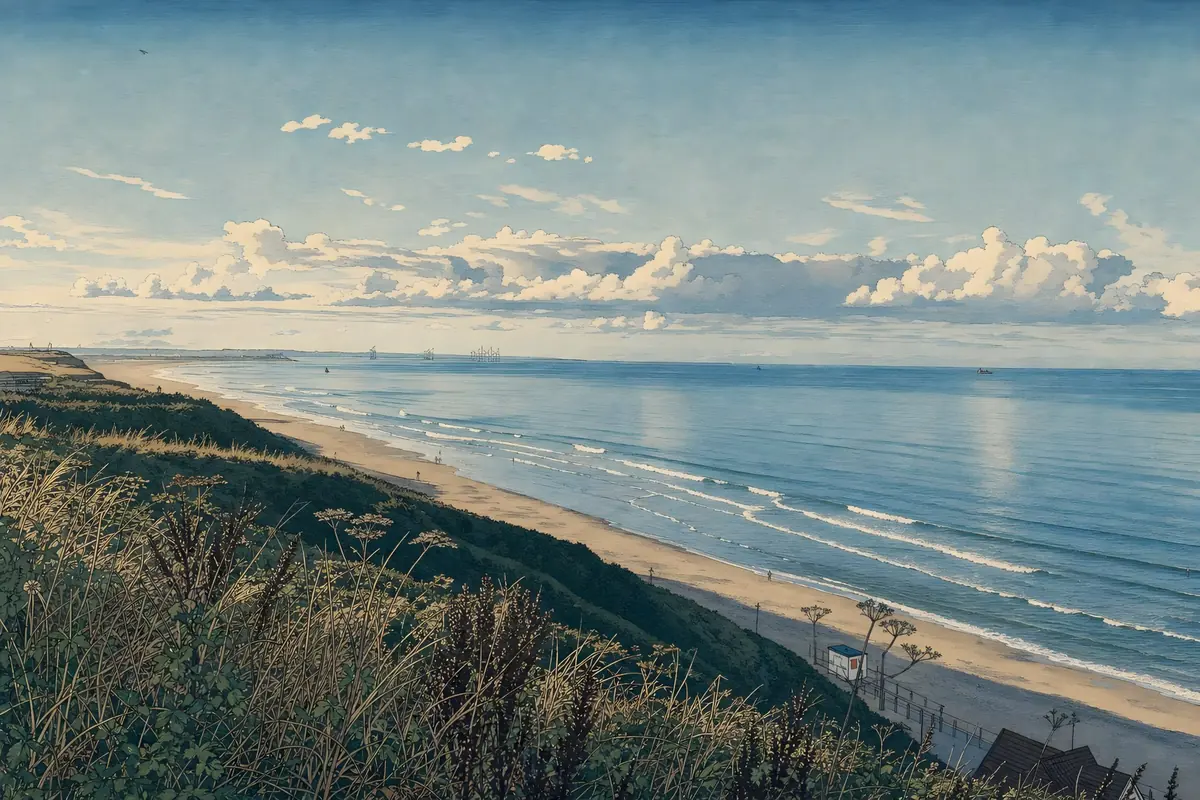Coastal landscape interpreted in a Japanese woodblock print-inspired style