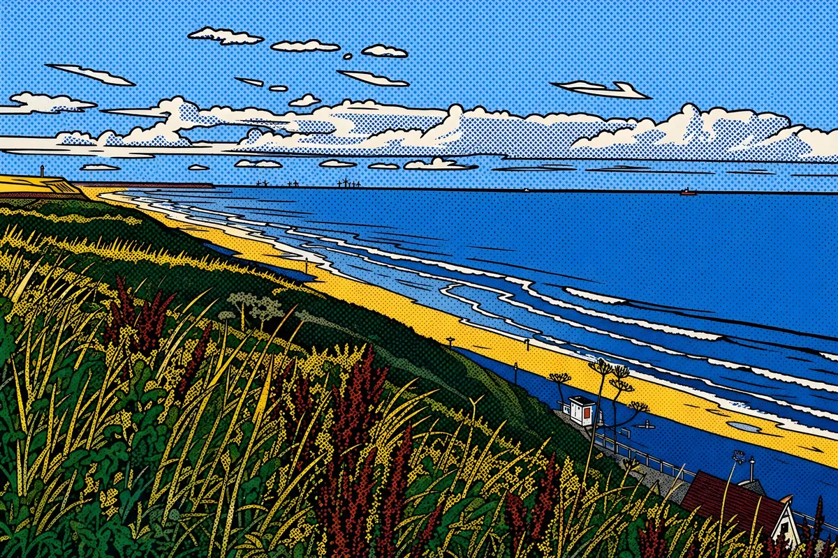Coastal landscape in graphic Pop Art with bright blue water and high-contrast contours