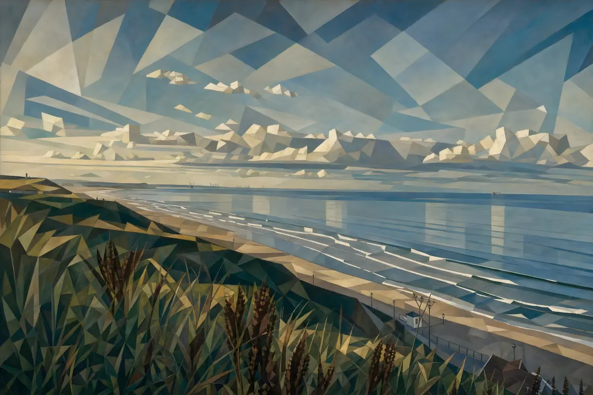 Coastal sea view rendered in geometric Art Deco shapes and muted tones