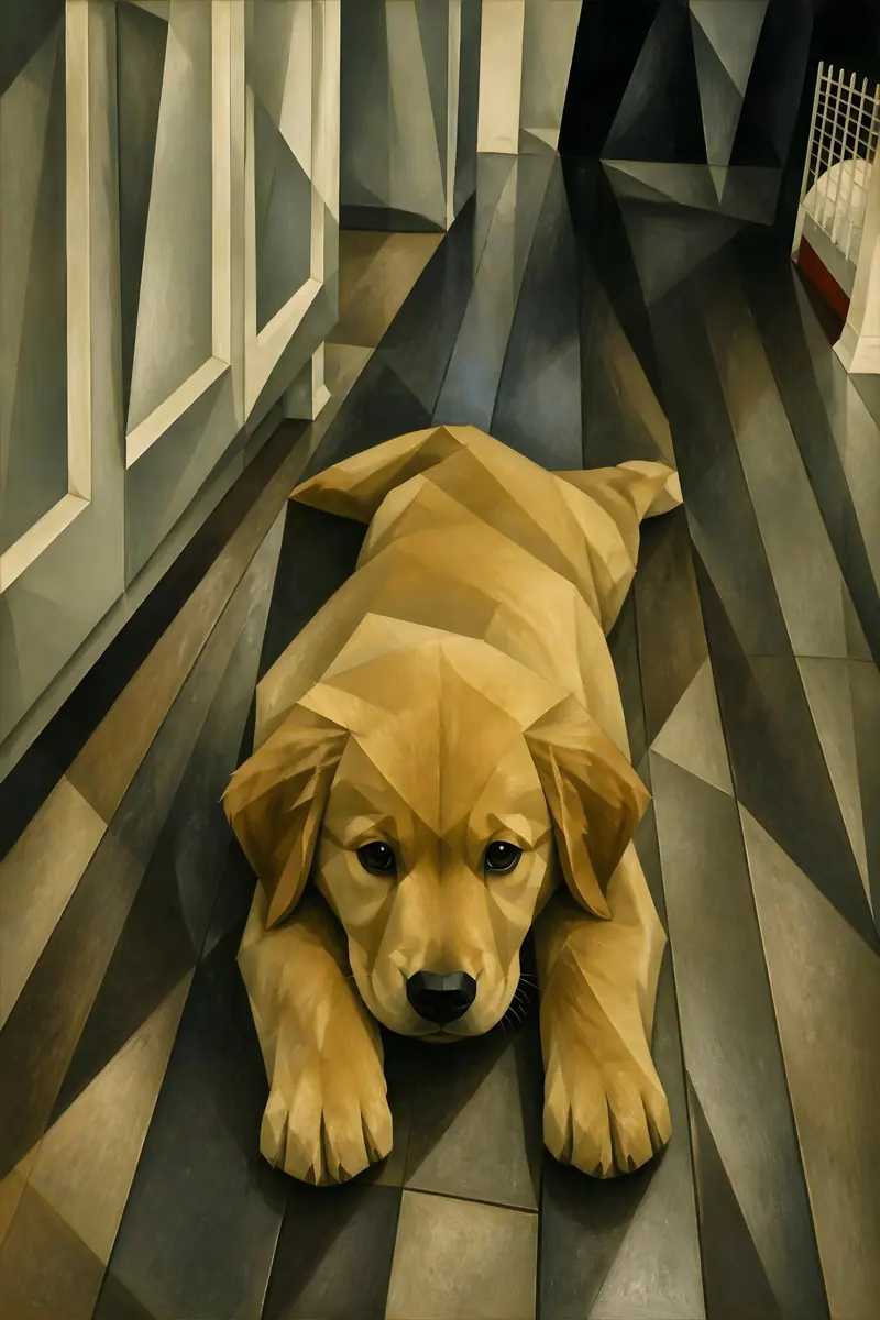 Golden retriever puppy in a hallway with an Art Deco geometric treatment