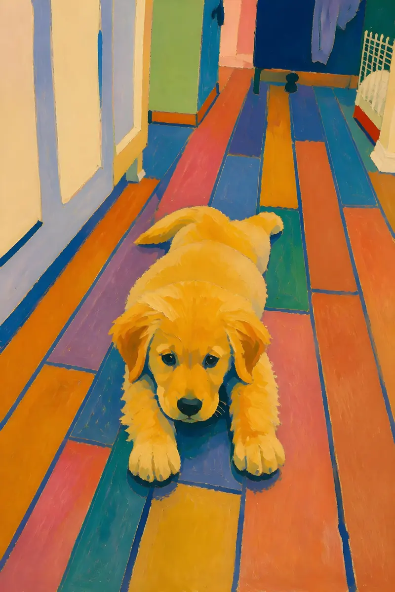 Golden retriever puppy with a vivid Fauvist colour treatment in a hallway
