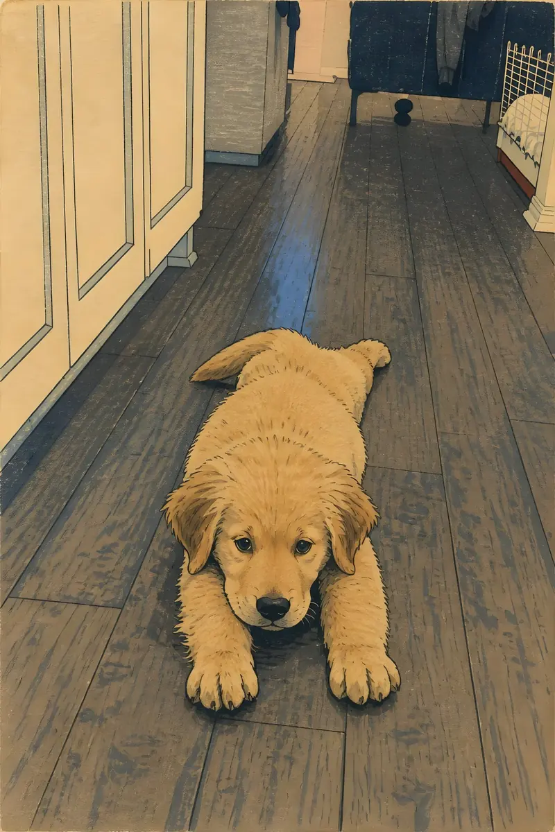 Golden retriever puppy interpreted with calm woodblock-inspired lines and colour