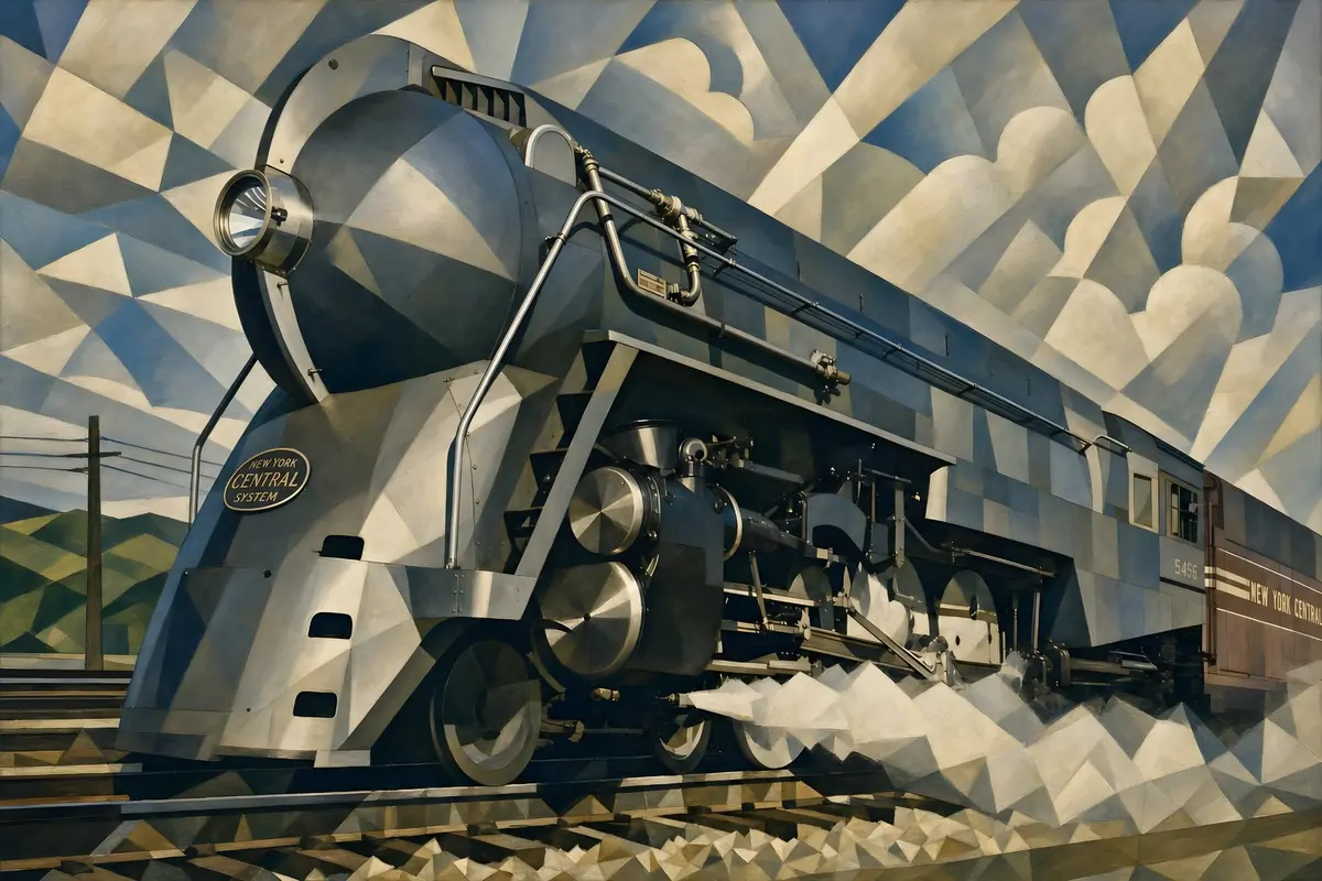 Steam locomotive transformed with geometric Art Deco forms