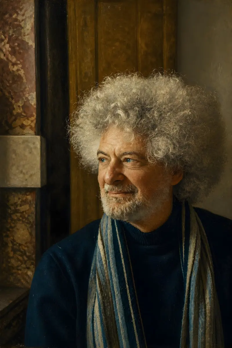 Portrait of an older man with curly hair styled as a Dutch Golden Age painting